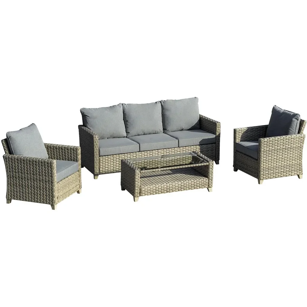 Polyrattan Gartenmöbel Set 4-teilig mit Couchtisch Sitzkissen Aluminium Braun+Grau