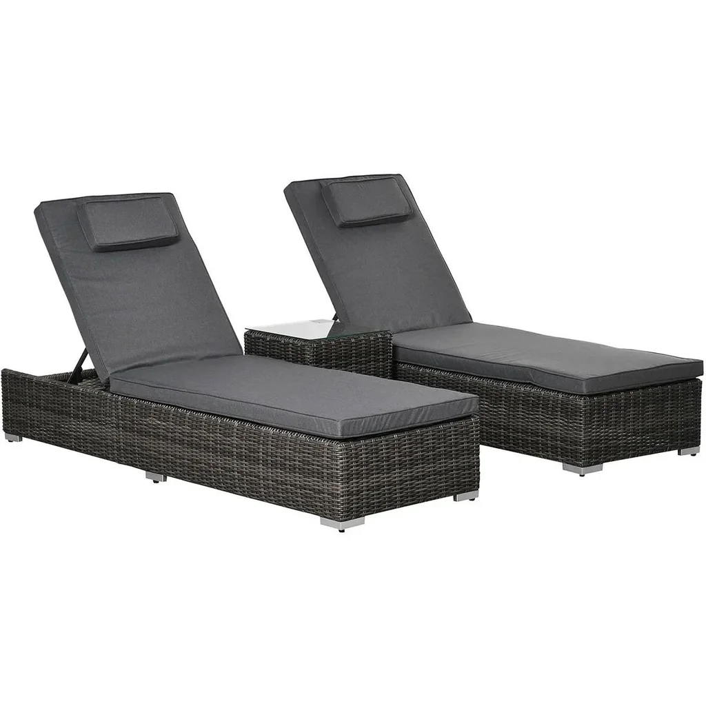 Poly-Rattan Sonnenliege 3-tlg. Gartenliege mit 6-Fach Verstellbarer Rückenlehne Beistelltisch Nackenkissen Gartenmöbel A