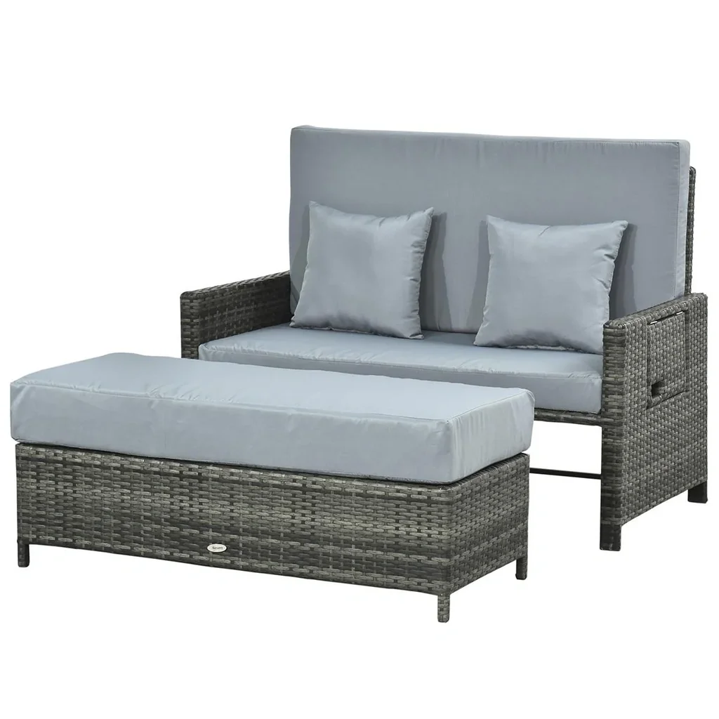 Polyrattan Lounge-Sofa Gartensofa Gartenliege 2-Sitzer mit Kissen Hocker Grau