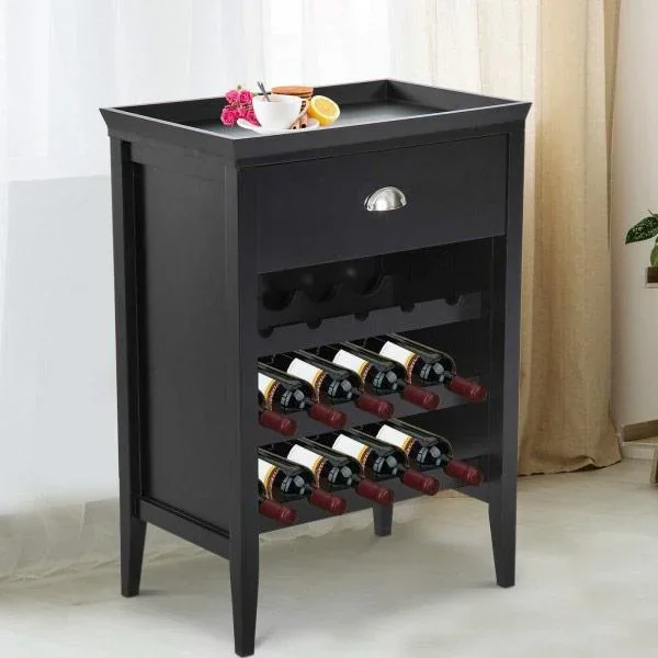 Weinregal Weinschrank 3 Ebenen 15 Flaschen mit Schublade Schwarz