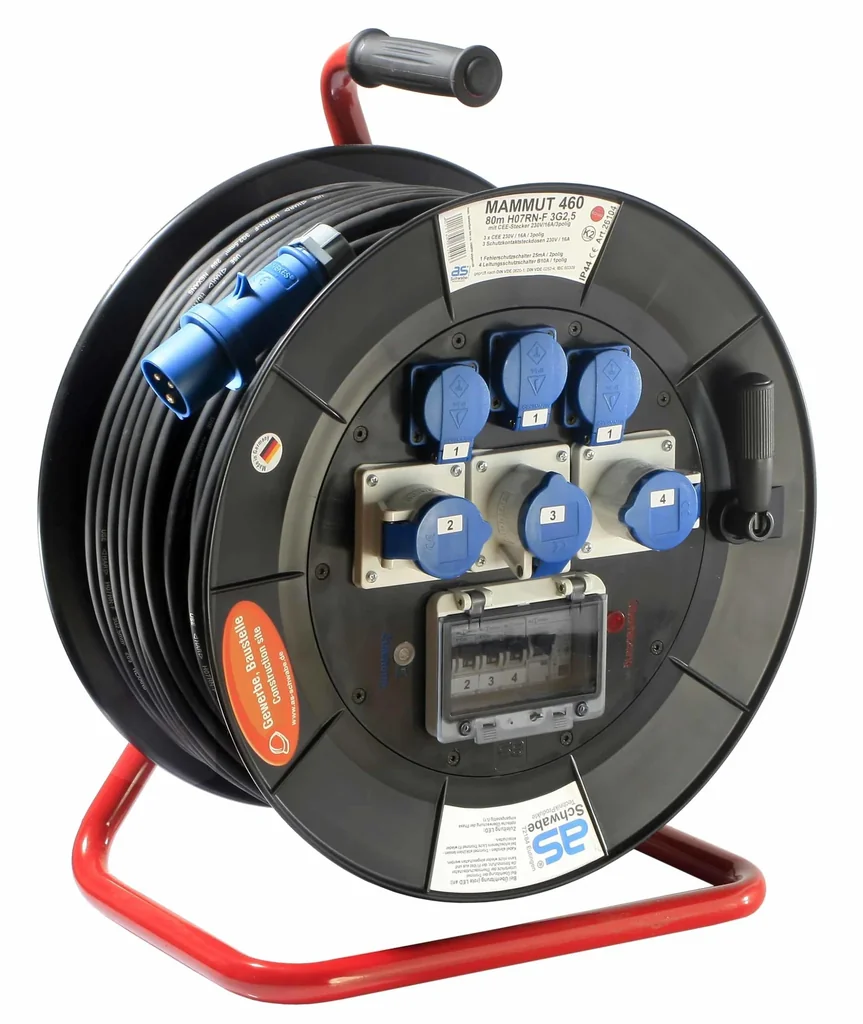 Profi-Trommel Mammut 460 Version 5, 80m, 3 Steckdosen 230V, 3-CEE Steckdosen, mit Trage- und Fußgestell