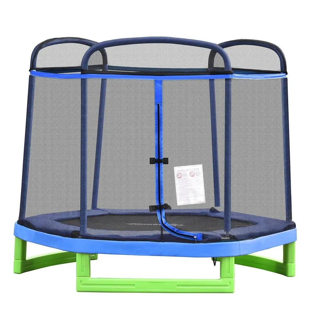 Kinder Trampolin mit Sicherheitsnetz Indoortrampolin Fitnesstrampolin für 3-12 Jahre Kinder bis 80 kg Stahl Blau+Grün 21