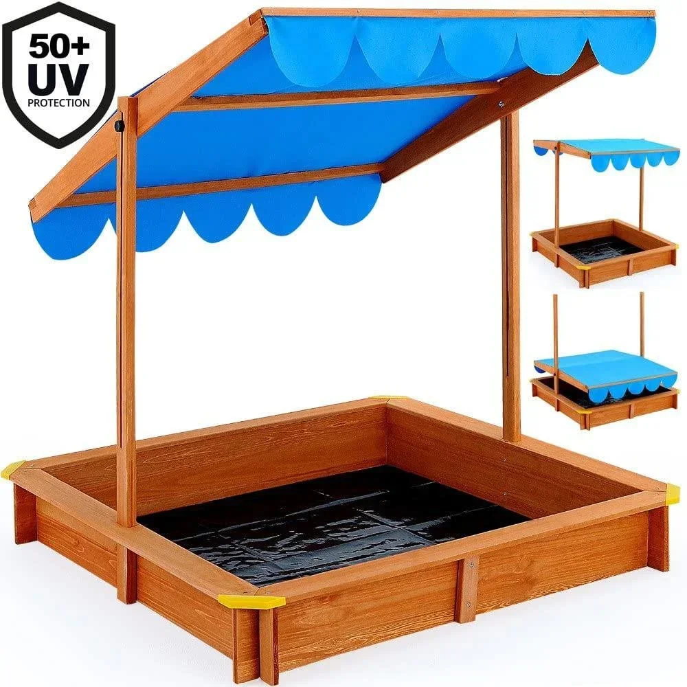 Sandkasten mit Sonnenschirm - Sandkasten mit verstellbarem Dach - 120x120cm, Blau