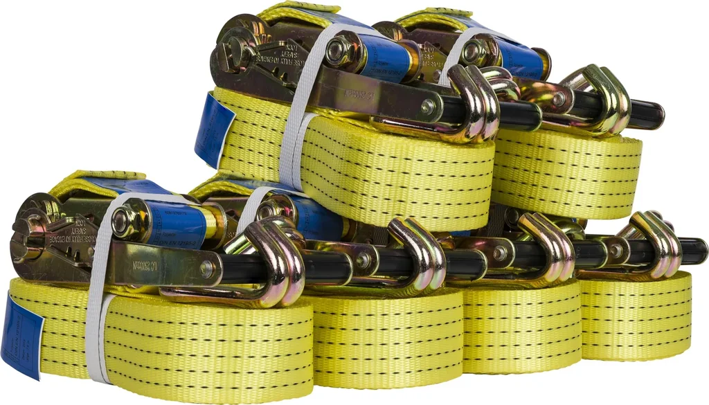 Zurrgurte mit Ratsche - 7-teiliges Set, 50 mm Gurtbreite, 2500/5000 daN, Festende 0,3 m / Losende 7,7 m lang, Spitzhaken