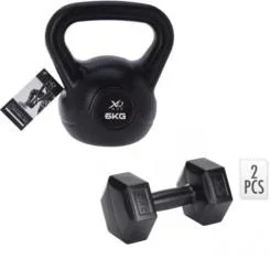 Kettlebell - 6KG und 2 Stück Kurzhantel - 2x 2KG - Schwarz