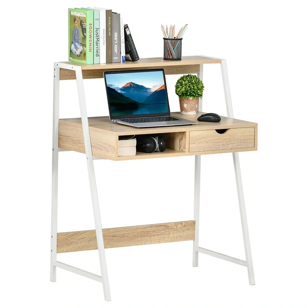 Schreibtisch Bücherregal Computertisch Bürotisch mit Schublade und Regal großer Stauraum E1-Spanplatte Metallrahmen Natu