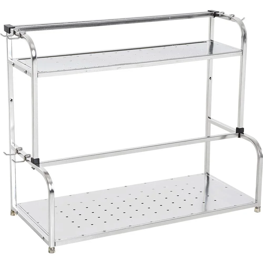 Küchenregal Standregal Wandregale 2 Ablagen mit 6 Haken Multifunktions Edelstahl Silber L50 x B22 x H42cm