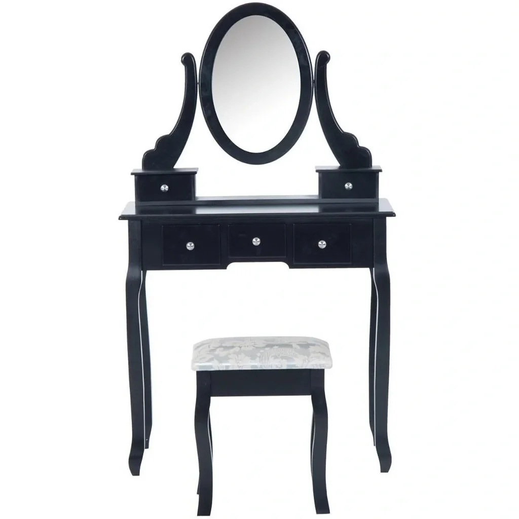 Schminktisch Frisierkommode mit Spiegel und Hocker Schwarz