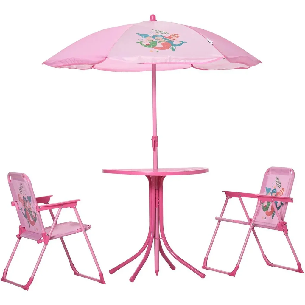 4 Stück Kindermöbel Set Gartentisch 2 Klappstühle Sonnenschirm Camping Kindersitz Set Gartenmöbel für 3-6 Jahre rosa