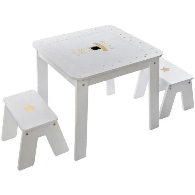 Kindertisch mit 2 Hockern - Weiß - 57x57x51 cm
