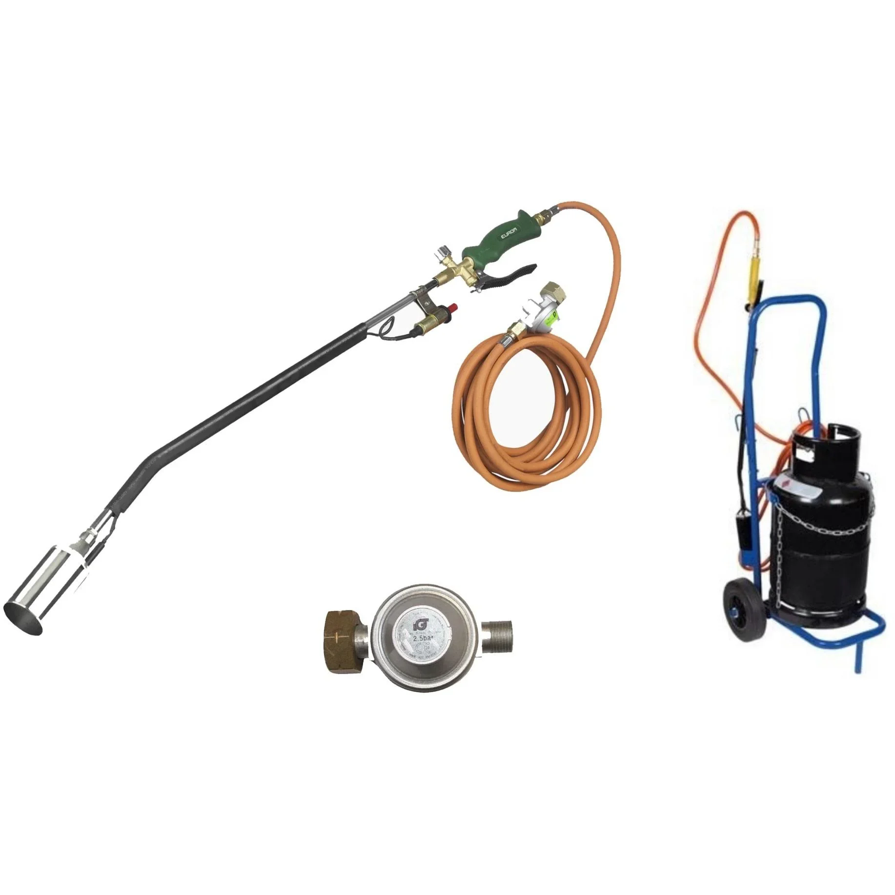 Unkrautverbrenner XXL mit 5 m. Gasschlauch, Druckregler und Toolland Gasflaschenwagen