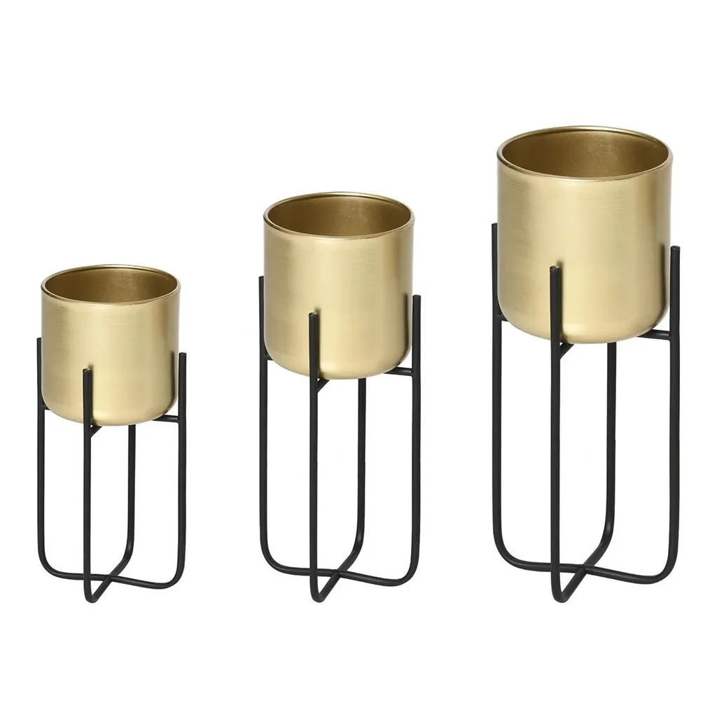 3er Set Blumenständer mit Blumentopf aus Metall Pflanzenständer Set Blumenhocker Blumentopfhalter Pflanzenhocker Gold