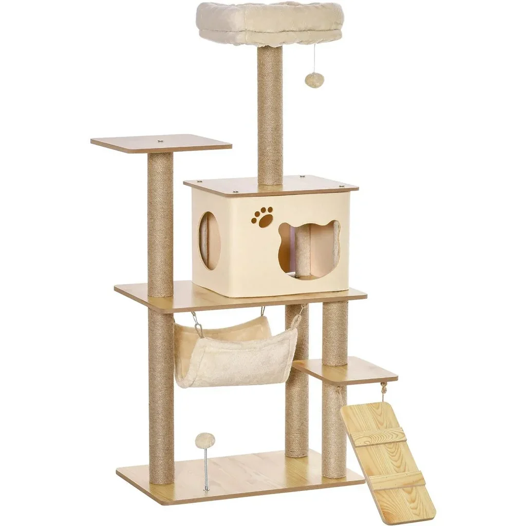 Spielplattform für Katzen - mit Kratzbaum, Haus, Handmatte - 60 x 40 x 130 cm