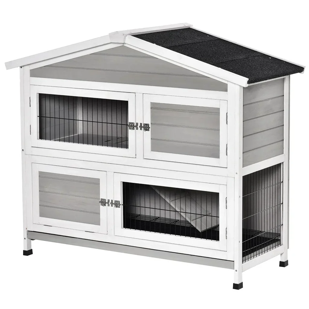 Hasenstall 2 Ebenen Design Hasenkäfig Meerschweinchen Stall Kaninchenstall Kleintier mit 1 rutschfeste Rampe Tannenholz