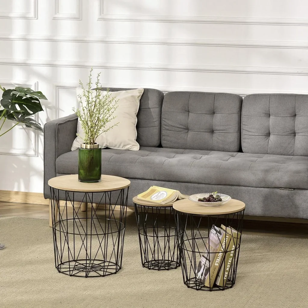 Couchtisch Beistelltisch 3-teilig Nachttisch Satztisch Wohnzimmer Schlafzimmer Metall MDF Naturholz+Schwarz Ø42 x 45H c