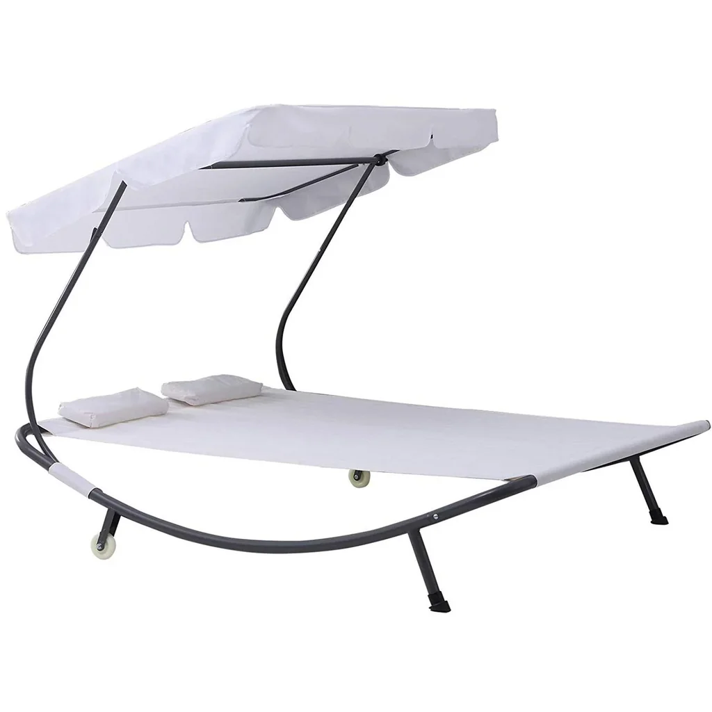 Doppelliege Sonnenliege rollbar mit Dach Stahl Cremeweiß