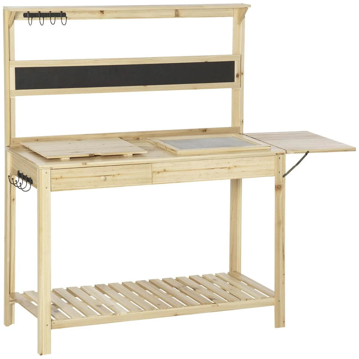 Pflanztisch Gärtnertisch mit 8 Haken Schublade Ablage Blumentisch aus Holz für Garten Terrasse Natur 151 x 45,5 x 143 cm