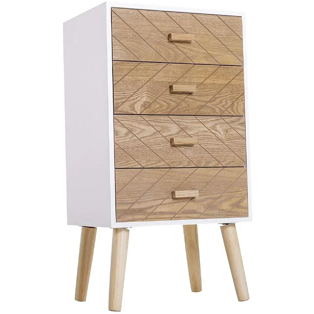 Nachttisch Nachtkommode Flurkommode mit 4 Schubladen Holz weiß+natur 40 x 30 x 75 cm