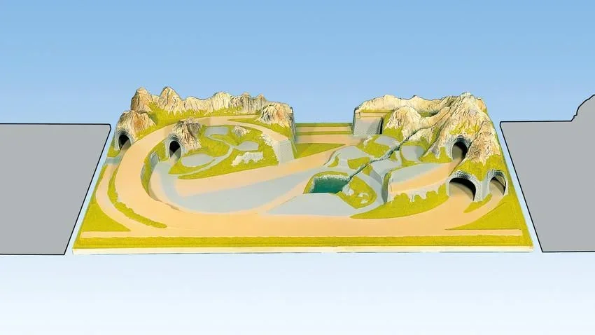 Fertiggelände Mittenwald - 200 x 120 cm, ca. 41 cm hoch, Spur H0,TT, koloriert und begrast, auf Holzrahmen