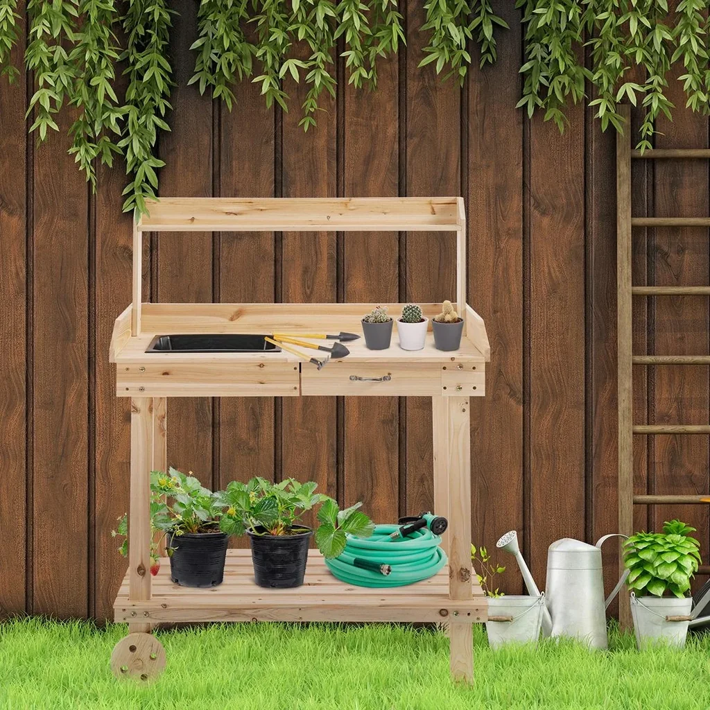 Pflanztisch mit Schublade 2 Stufen Gärtnertisch mit waschbecken und Rollen Garten, Tannenholz Natur 92 x 45 x 119 cm