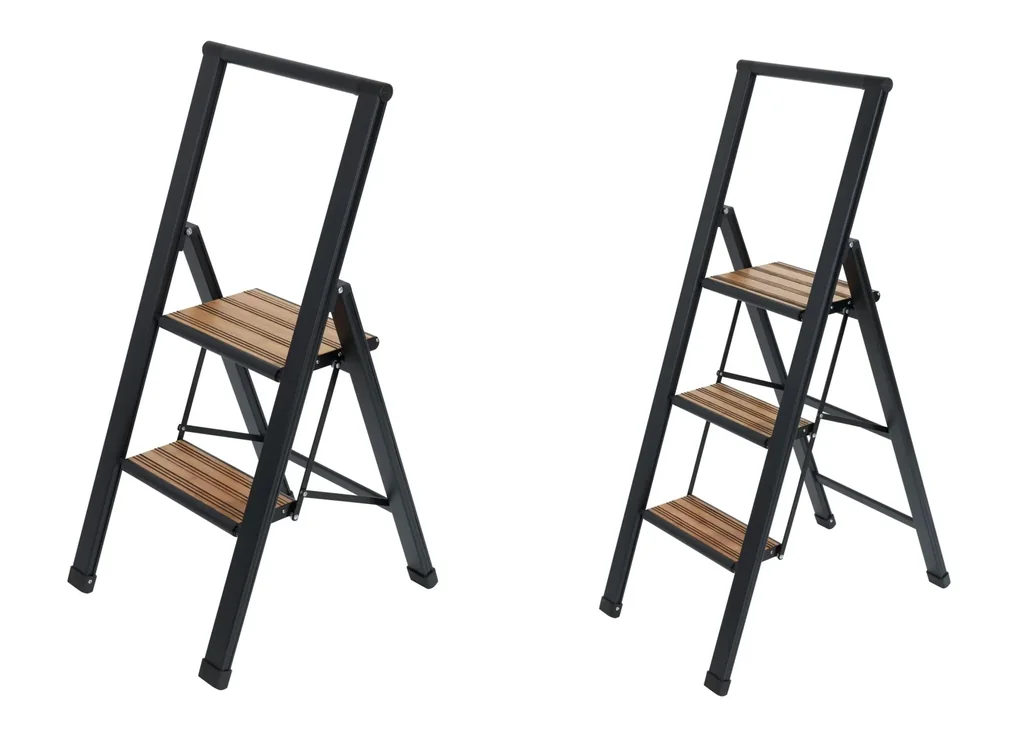 Alu-Design Klapptrittleiter 2-stufig Schwarz, rutschfeste Haushaltsleiter, Sicherheits-Stehleiter