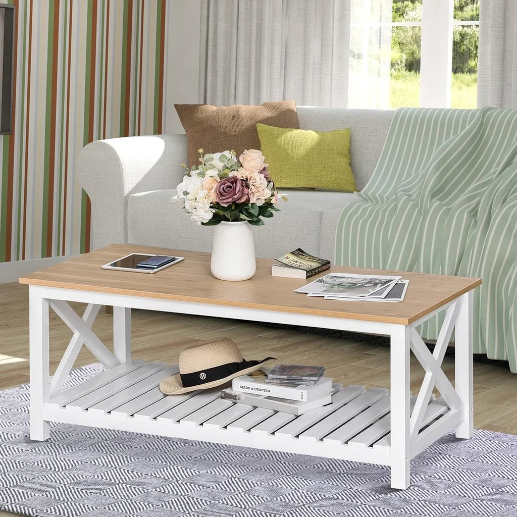 Beistelltisch Couchtisch Kaffeetisch stabiler Teetisch Wohnzimmertisch Bauernhausstil MDF Natur+Weiß 116 x 60 x 48 cm