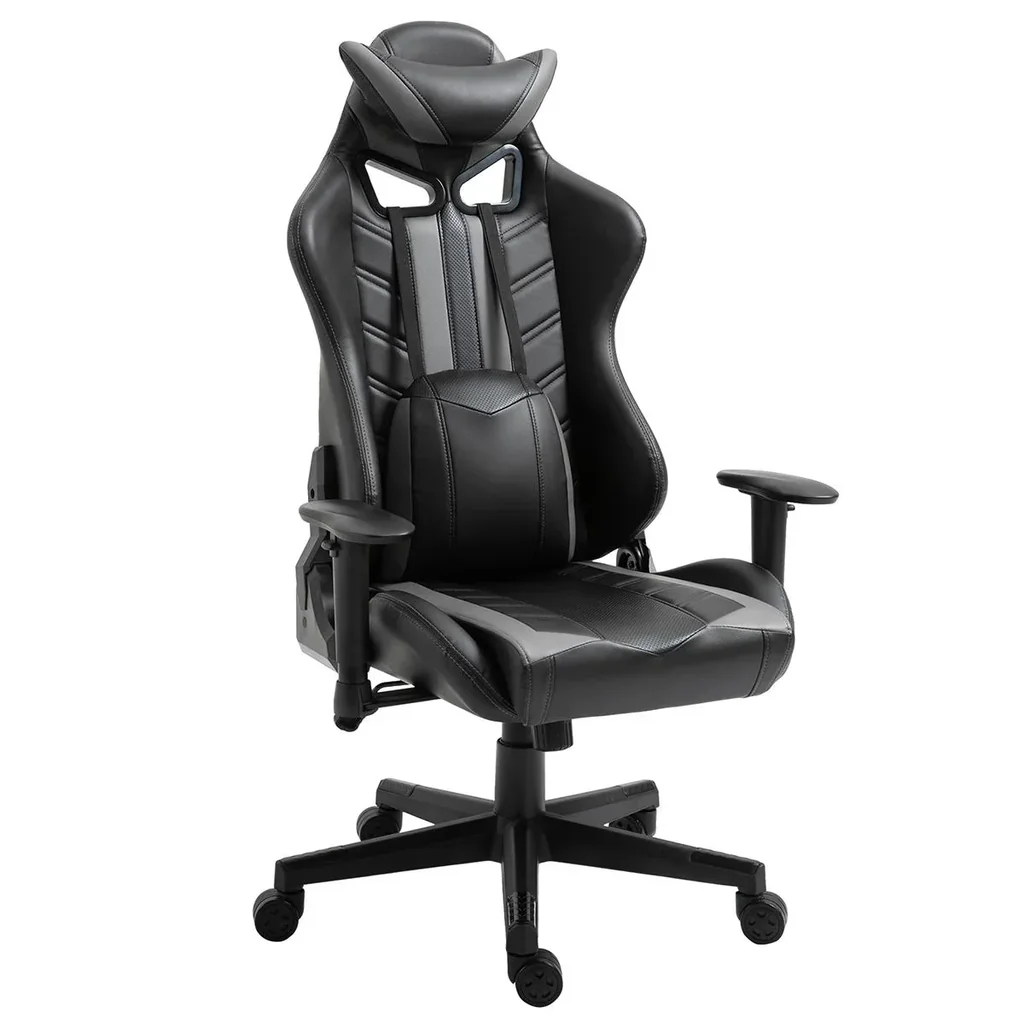 Gamingstuhl mit Wippenfunktion Bürostuhl höhenverstellbar 160° Neigungswinkel Schaumstoff Kunstleder Nylon Schwarz+Grau
