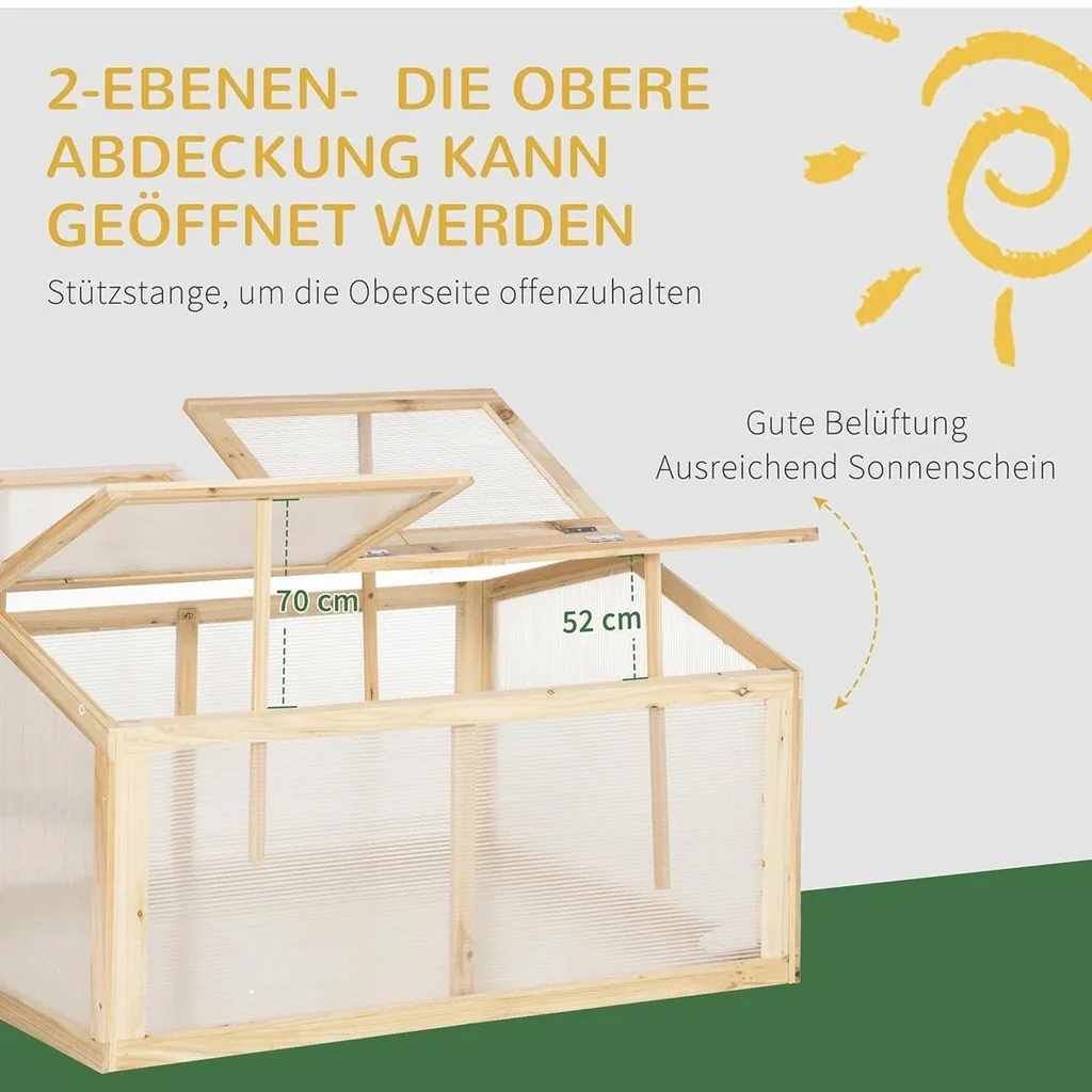 Frühbeet Gewächshaus Treibhaus Frühbeetkasten Pflanzenbeet mit Abdeckung aus Holz und Polycarbonat wetterfest Natur 102