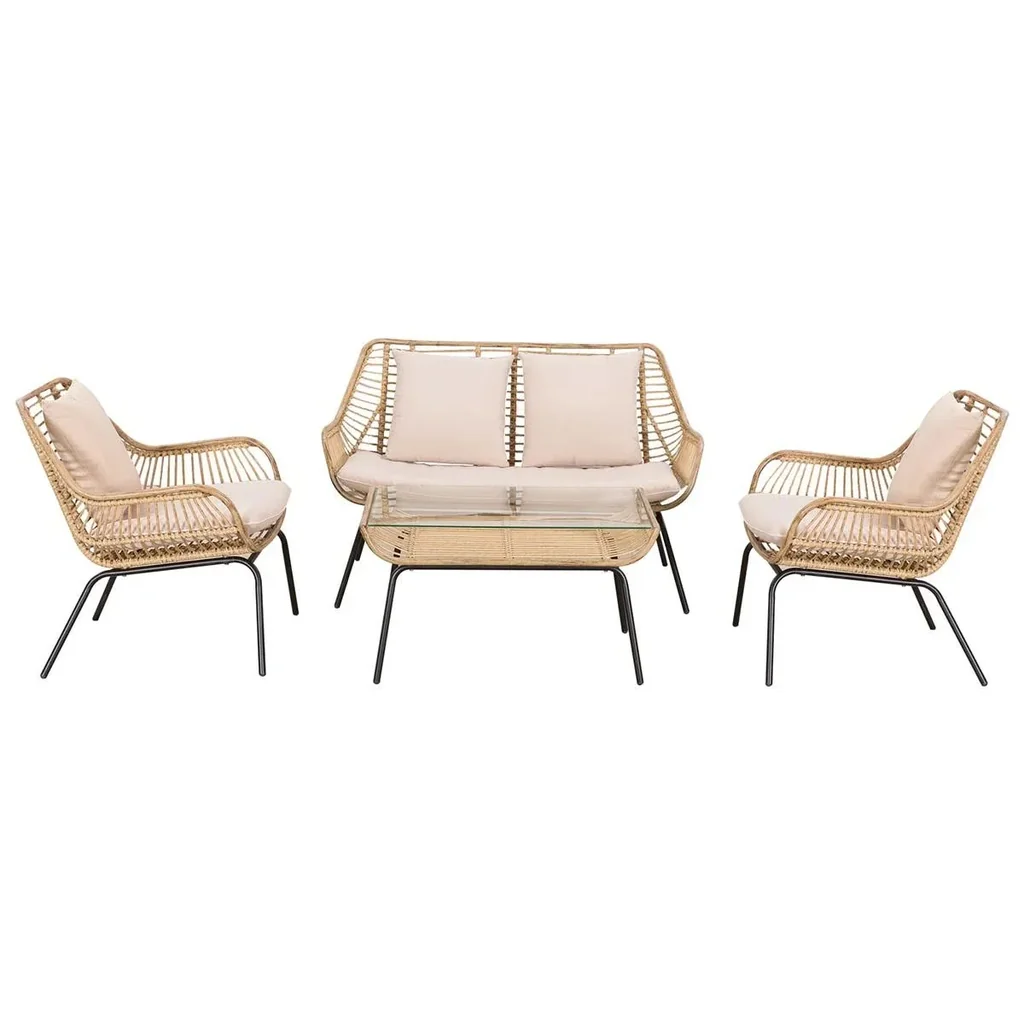 Sitzgruppe, Outdoor Sitzgarnitur, Gartenmöbel Set mit Beistelltisch, Metall, Rattan, Beige, 118 x 69 x 73 cm