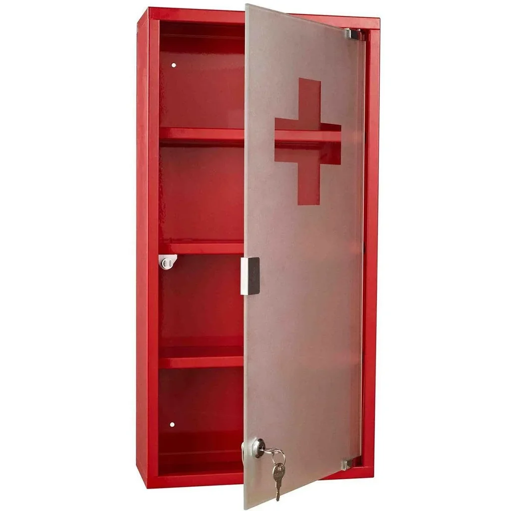 Medizinschrank aus Edelstahl zum Abschließen Erste Hilfe Schrank mit Schloss, rot