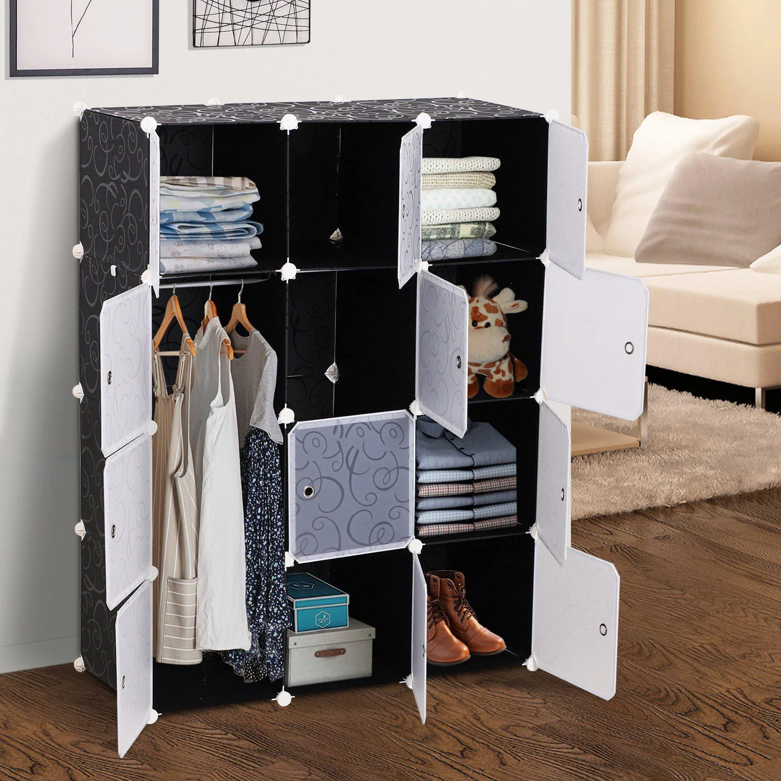 Kleiderschrank DIY Garderobe Regalsystem Steckregal Würfel Garderobenschrank mit Kleiderstange 2 + 6 Fächer