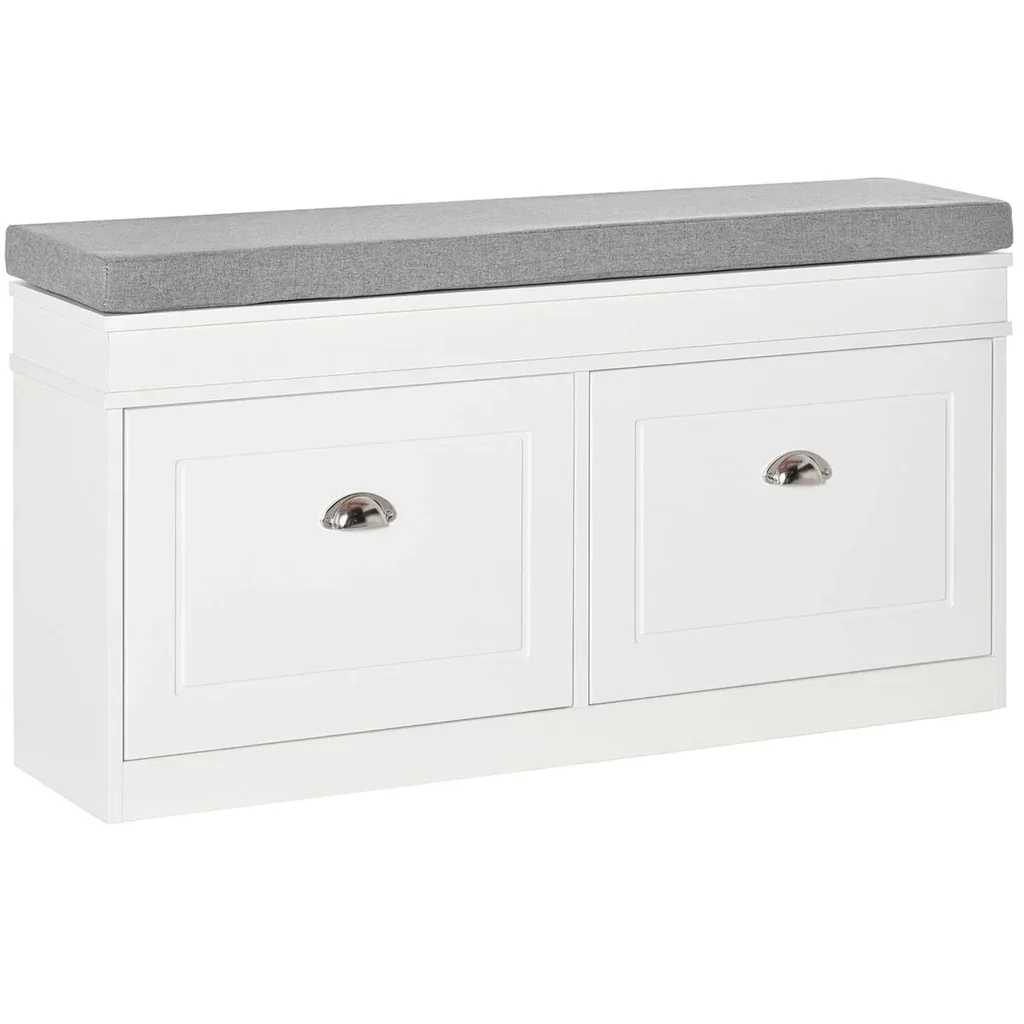 Schuhregal Schuhbank mit Kissen und 2 Schubladen Spanplatte MDF Polyester Schaumstoff Weiß+Grau 104 x 24 x 55 cm