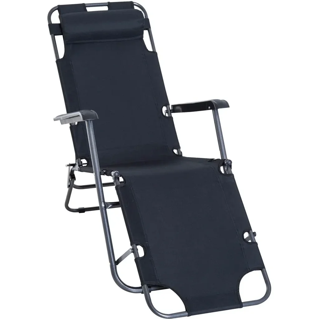 Sonnenliege mit Kissen, Klappbare Strandliege, 2-Stufige Gartenliege , 2-in-1 Relaxliege, Metall + Oxfordstoff, Schwarz