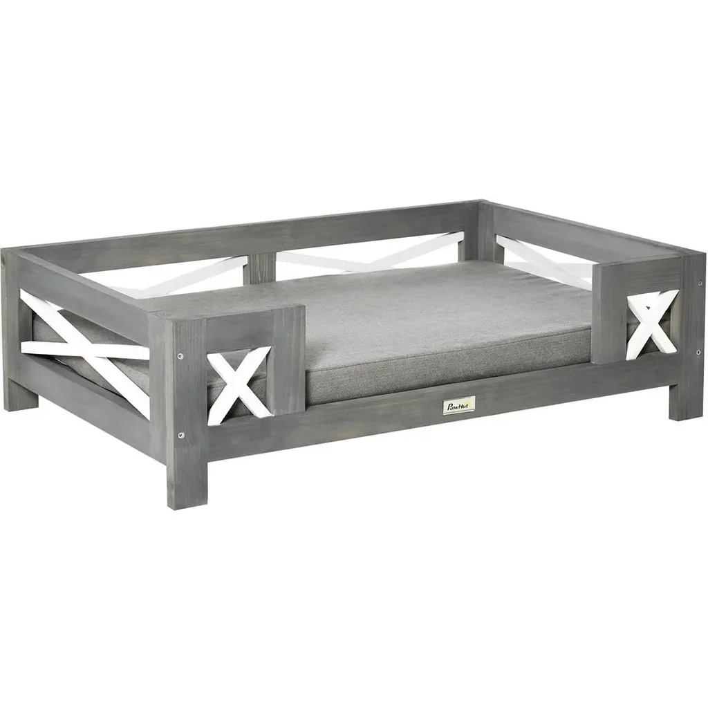 Hundebett mit Kissen für kleine Hunde weich gepolstert waschbarer Bezug Kiefernholz 80 x 55 x 23 cm