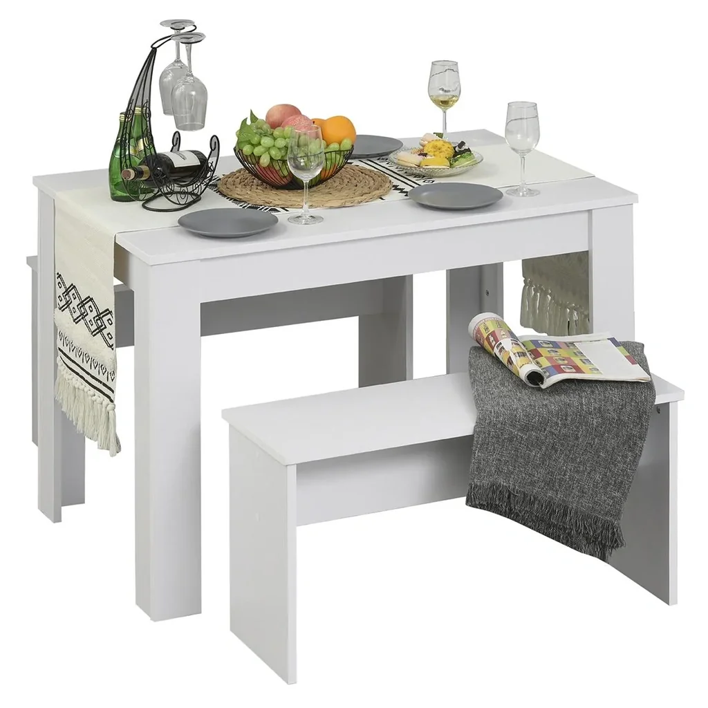 Essgruppe mit 2 Bänken Industriestil, Esszimmergarnitur Sitzgruppe Tischgruppe, Weiß, 110x70x75 cm (Tisch), 86x30x44,8 c