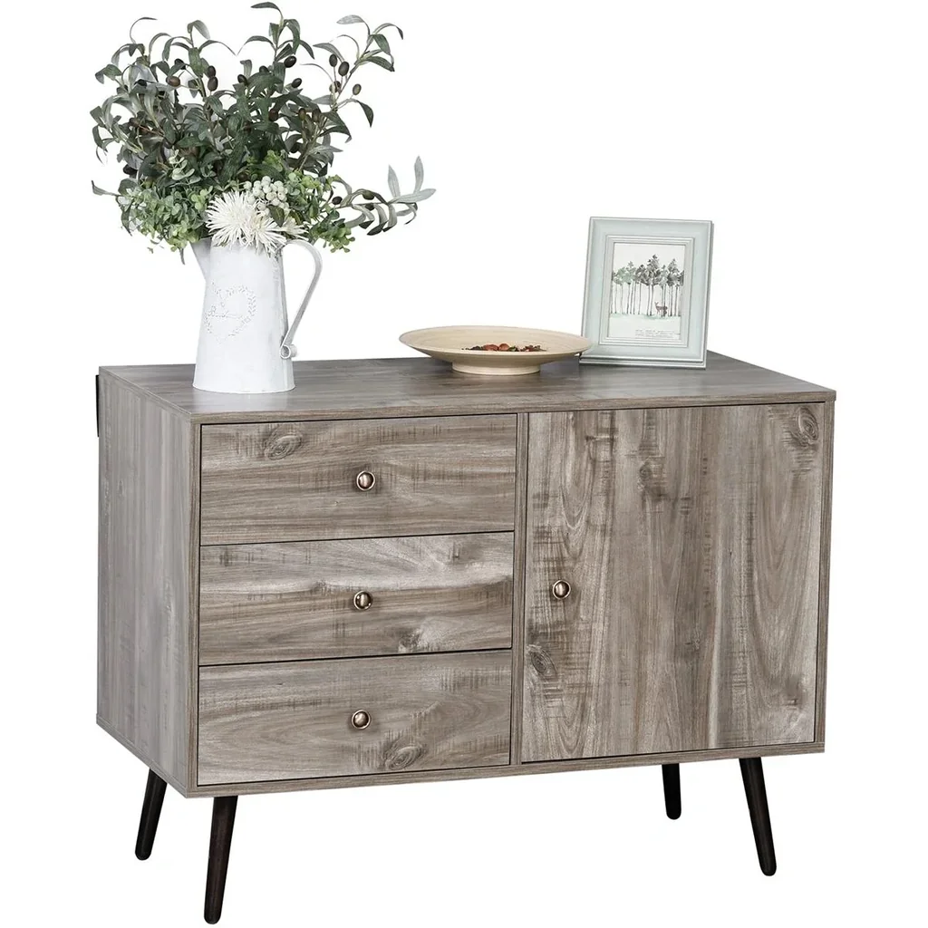 Sideboard Kommode Beistellschrank Bücherschrank Standschrank mit Tür und 3 Schubladen, Kiefer, Graue Holzmaserung, 102 x