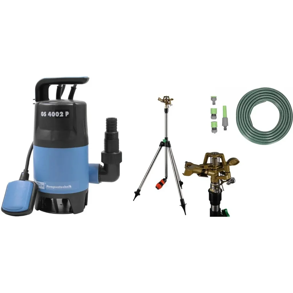 Schmutzwasserpumpe 7500 l / h mit Deuba Teleskop-Rasensprenger und 15 Meter Schlauch mit Armaturen