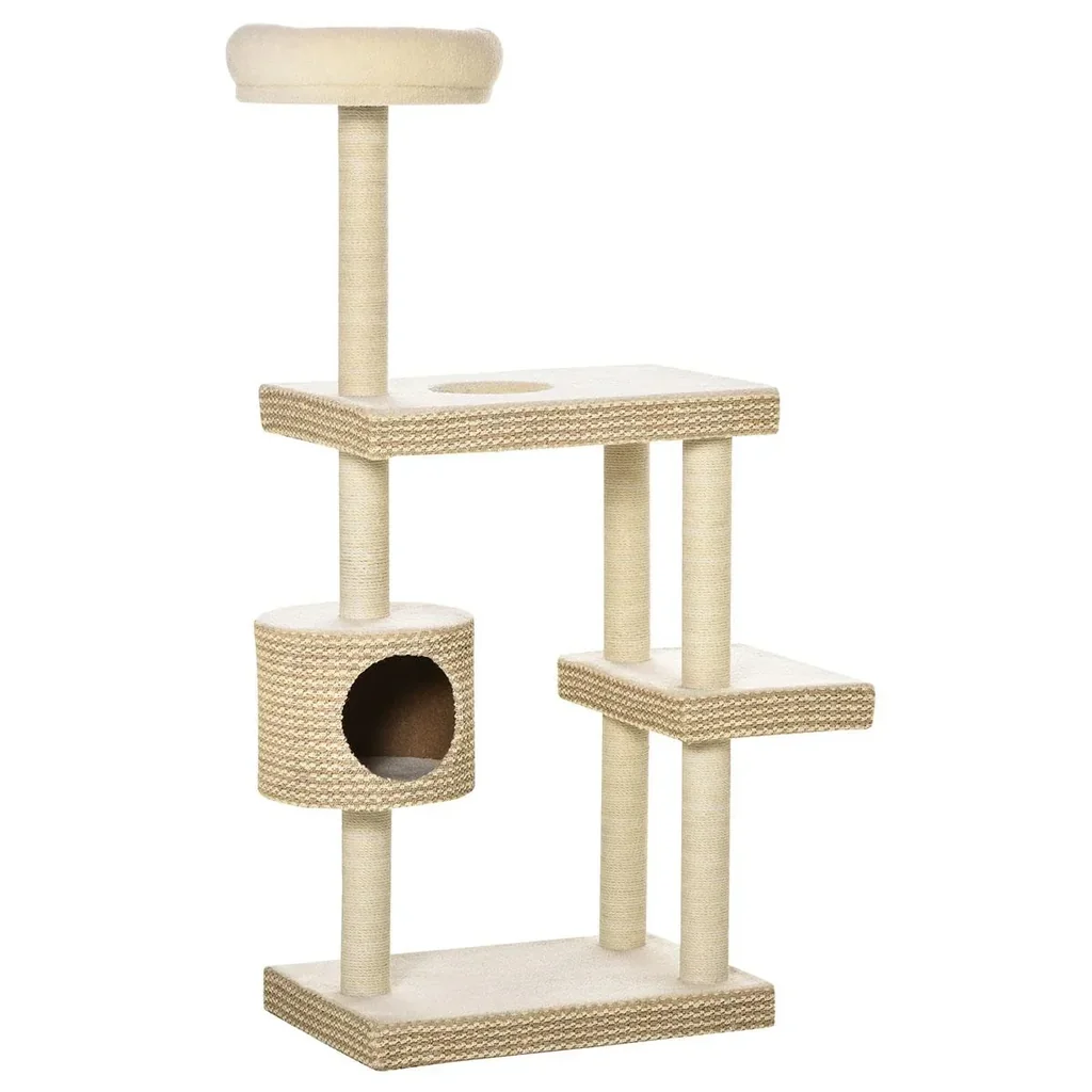 Katzenkratzbaum Katzenspielzeug Kletterbaum Sisal Polster Liegefläche Sisal samtartiges Polyester Beige+Kaffee
