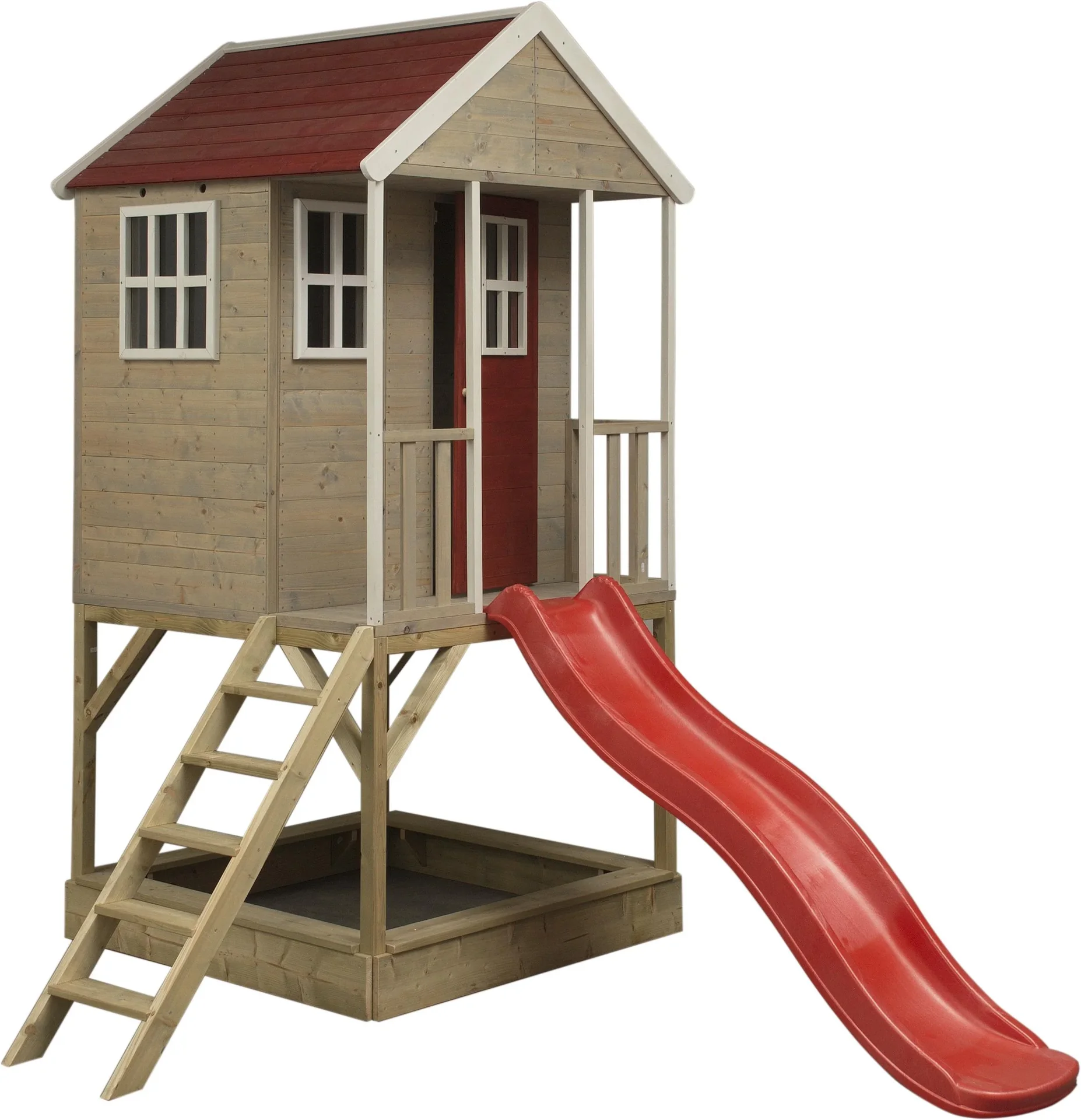 Wendi Toys Spielhaus Frosch 197×280×242 cm Natur/Rot – Stelzenhaus mit Rutsche & Sandkasten