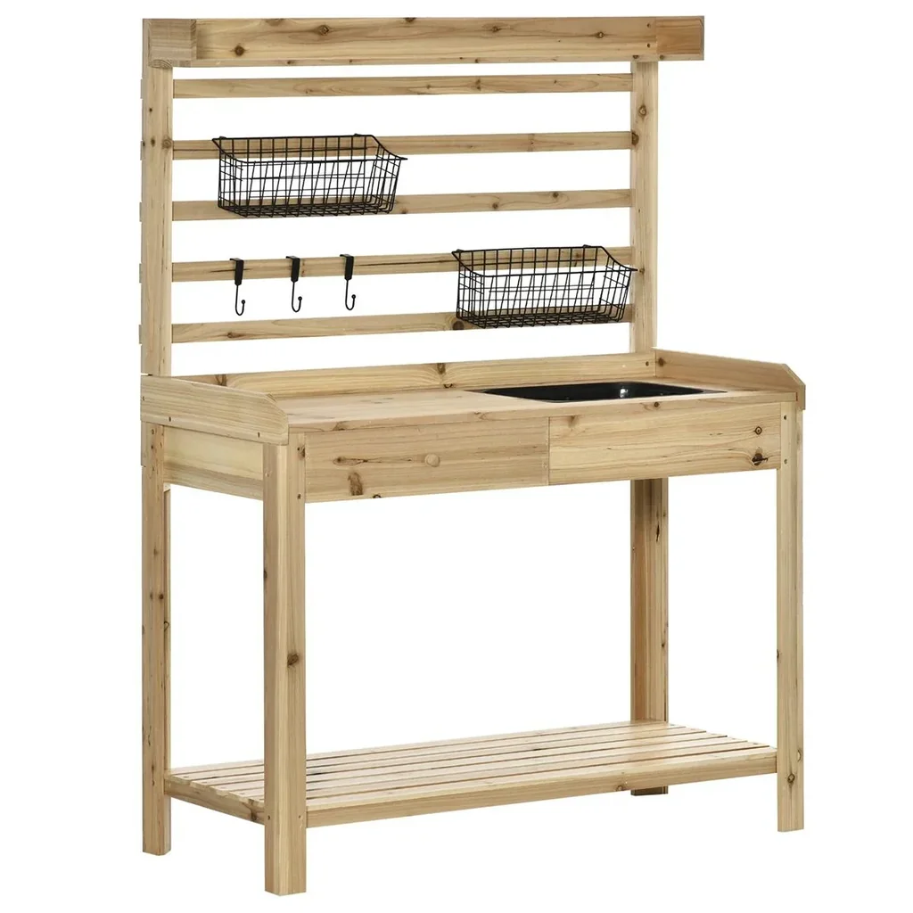 Pflanztisch Gärtnertisch mit waschbecken Blumentisch aus Holz mit Schublade Haken Korb Ablage Garten Terrasse Natur 107,