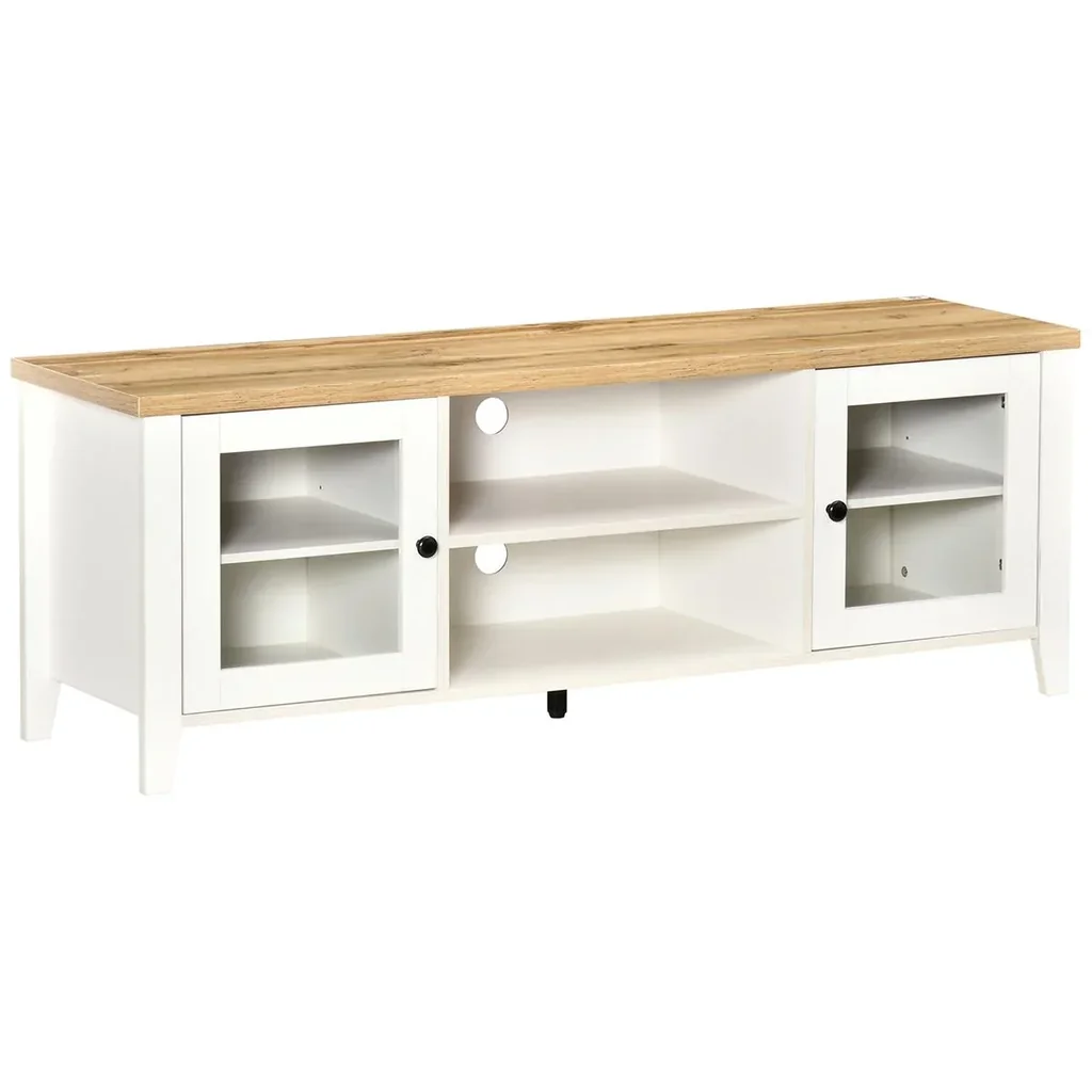 TV-Lowboard Fernsehtisch Fernsehschrank für Fernseher bis zu 60 Zoll mit 2 Glas Türen Regal verstellbar Weiß+Eiche 140 x
