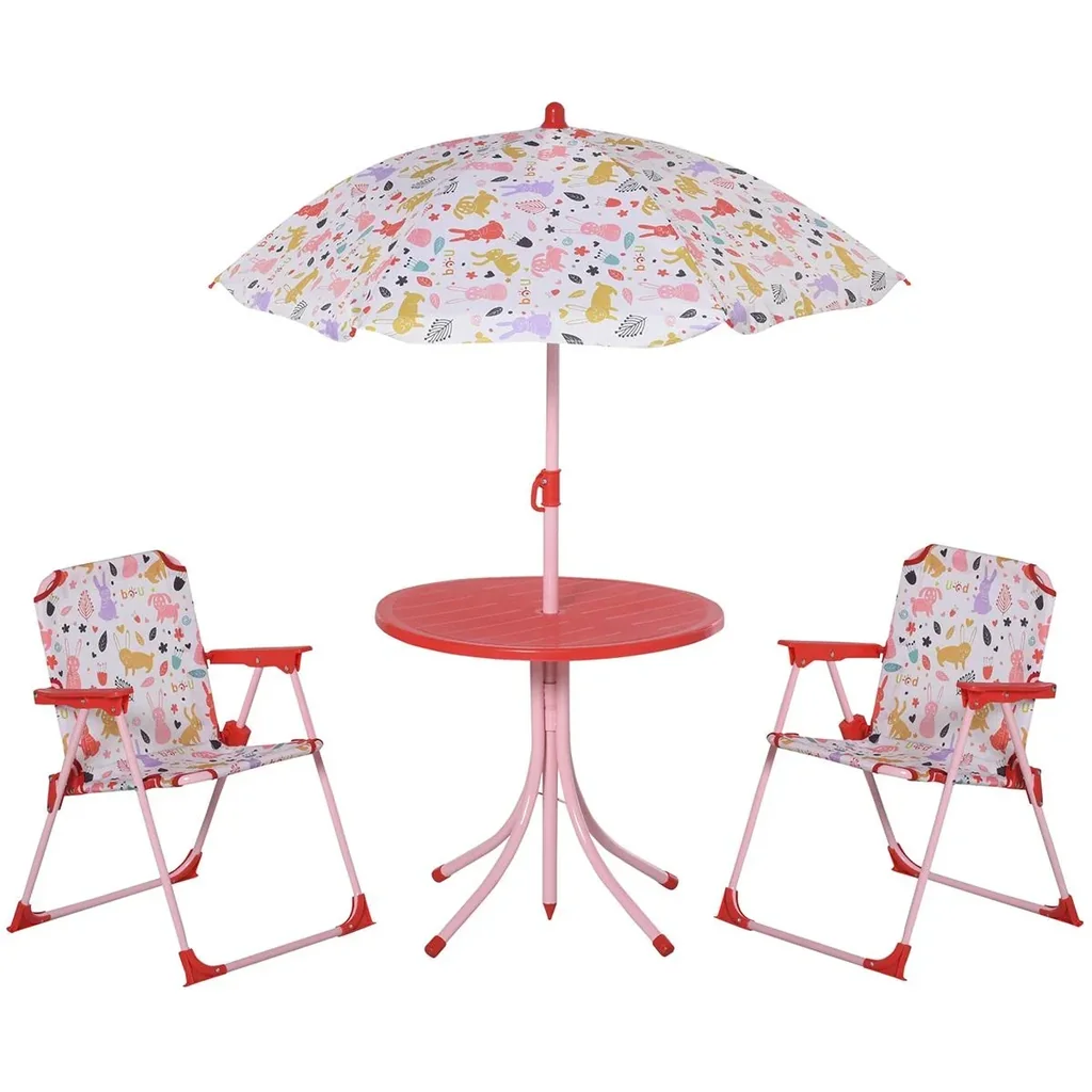 4tlg. Kindersitzgruppe Gartentisch 2 Klappstühle Sonnenschirm Camping Kindersitzgarnitur Gartenmöbel für 3-5 Jahre Rot