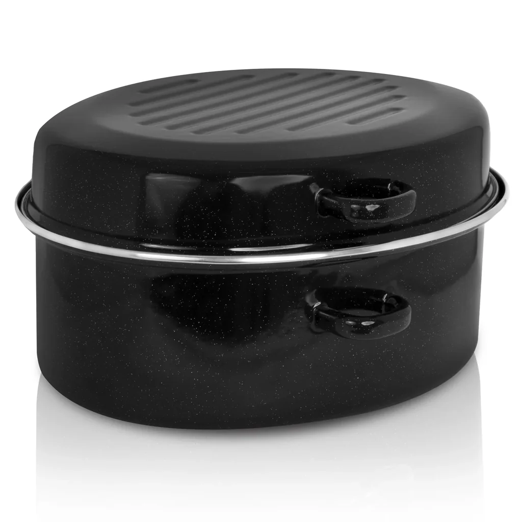 Emaille Gansbräter mit Chromrand und Tropfdeckel Schwarz, 10 Liter