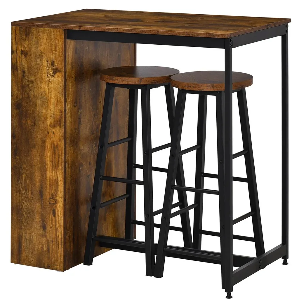 Bartisch-Set Stehtisch mit 2 Barhockern 3-teiliges Tischset Küchentresen mit 3-stufiges Seitenregal Industrie Design Sp