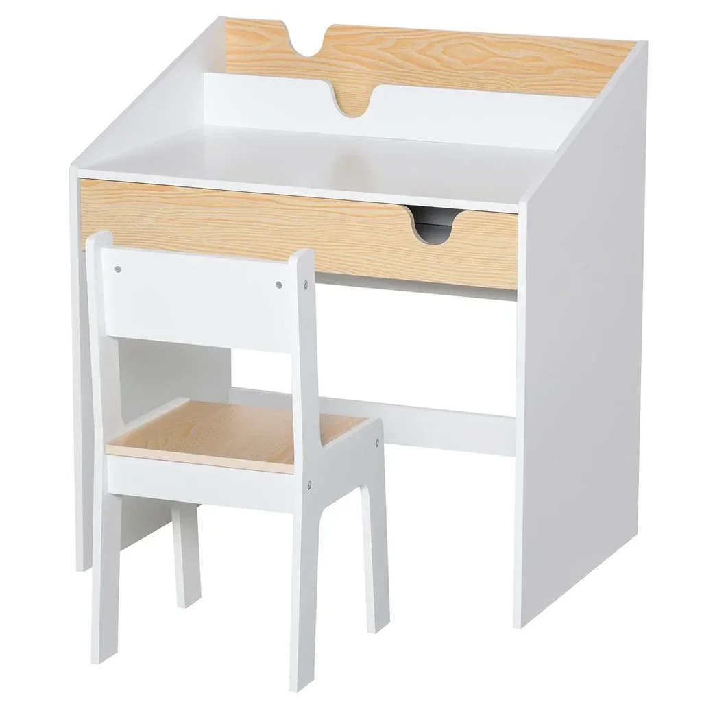 2-tlg. Kindersitzgruppe mit Kindertisch Stuhl für 6-10 Jahre Kindermöbel MDF Weiß+Natur 70 x 50 x 75 cm