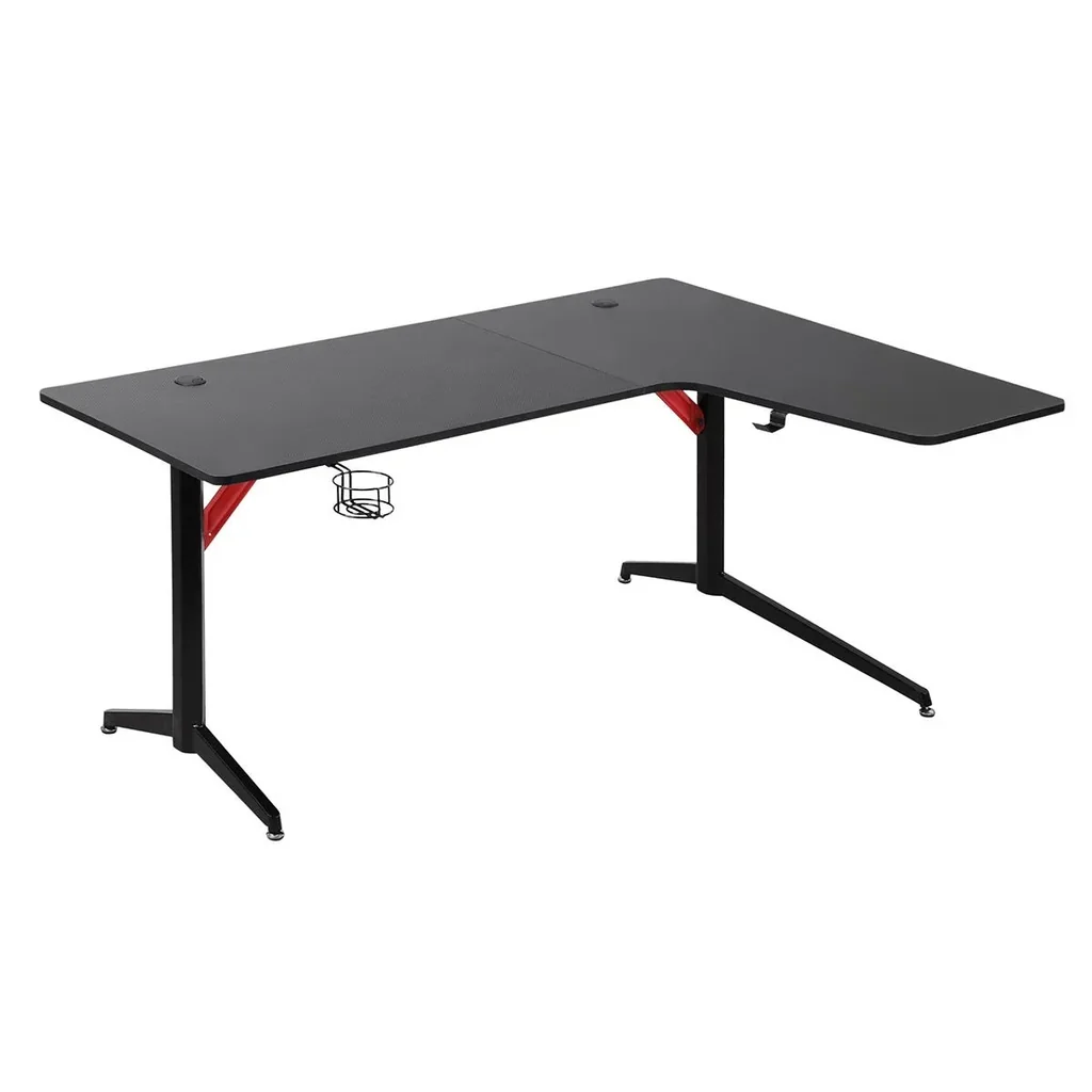 Gaming Tisch PC Tisch Schreibtisch mit Kopfhörerhaken Getränkehalterung Computertisch Metall MDF Schwarz+Rot 157 x 111,8