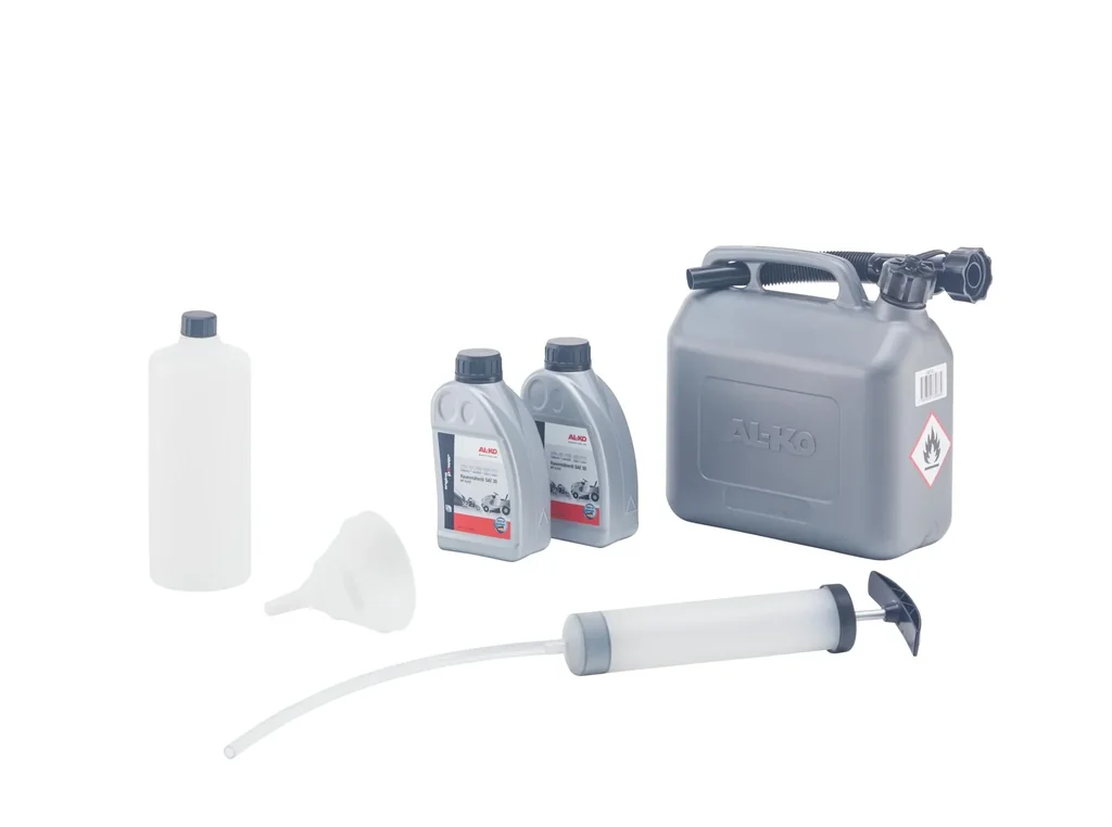 Starter-Set für Benzinrasenmäher (bestehend aus 1 x 5 l Benzinkanister, 1 x Motor-Öl-Service-Set, 2 x Motor-Öl)