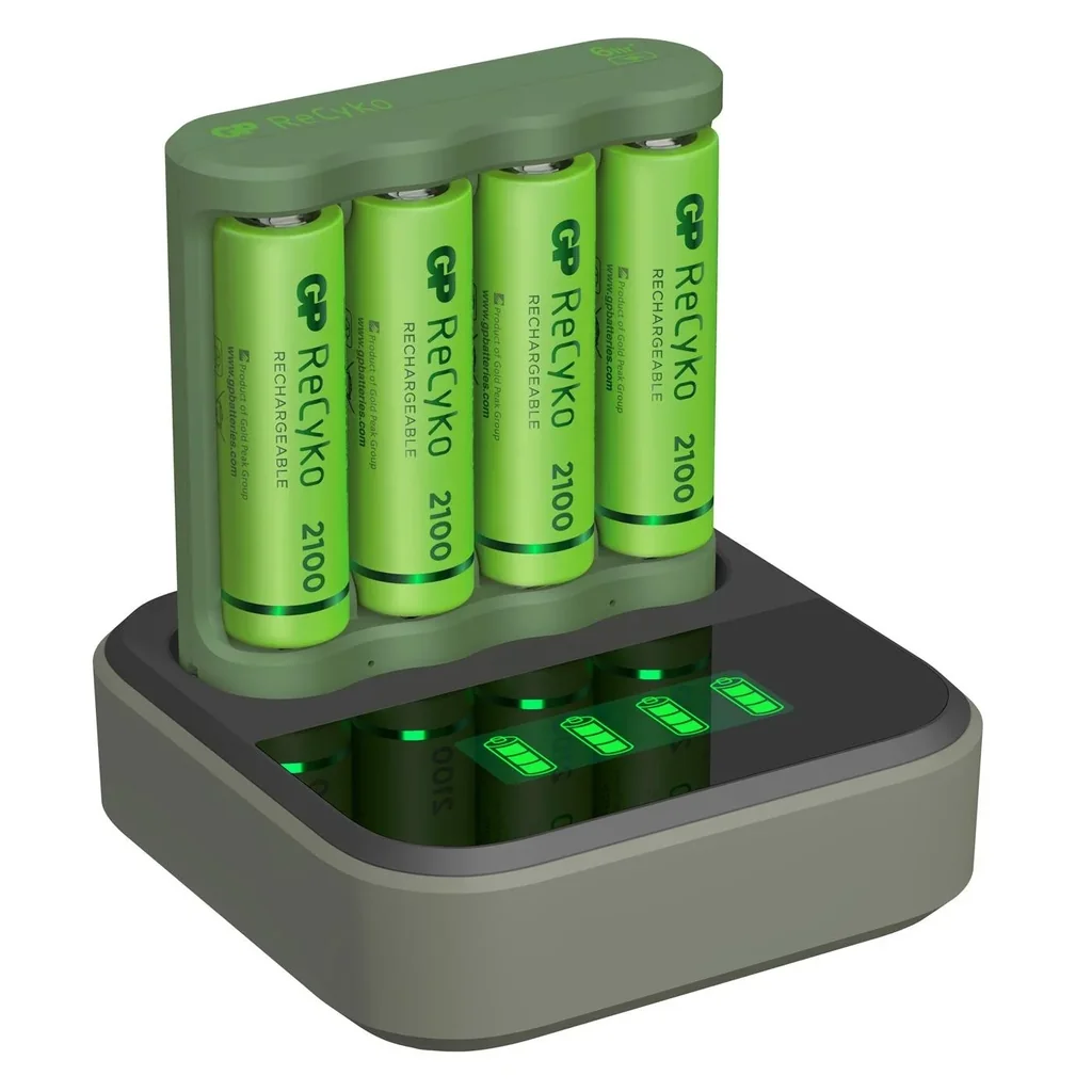 Ladegerät mit Docking Station, LCD Ladestandsanzeige für 4 AA/AAA NiMH Akkus inkl. 4 ReCyko Mignon(AA)NiMH Akkus 2100mAh