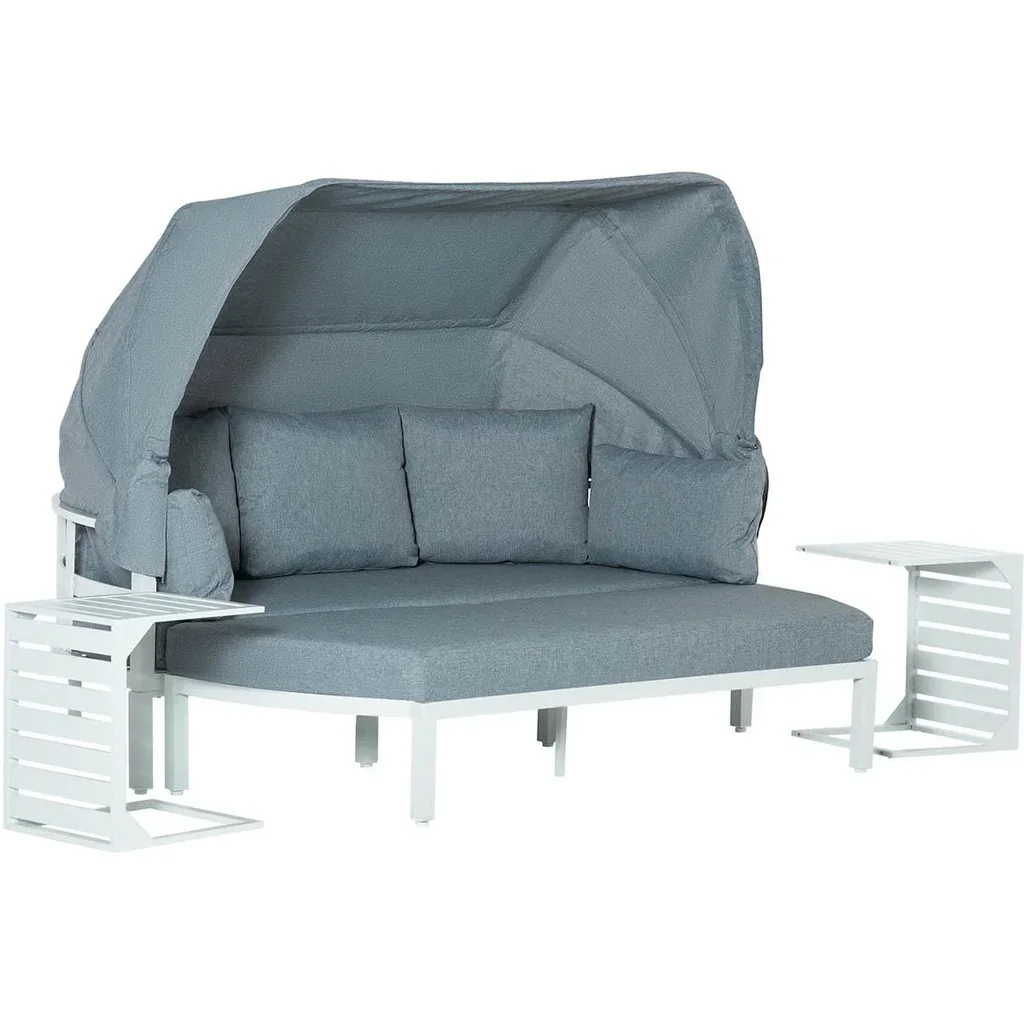4-tlg. Gartenmöbelset inkl. Sofa mit Dach, Beistelltisch und Bank Aluminium grau/weiß