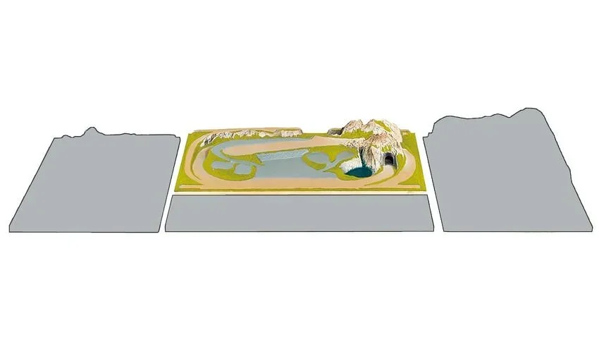 Fertiggelände Traunstein - 125 x 69 cm, ca. 18 cm hoch, Spur N,Z, koloriert und begrast, auf Holzrahmen
